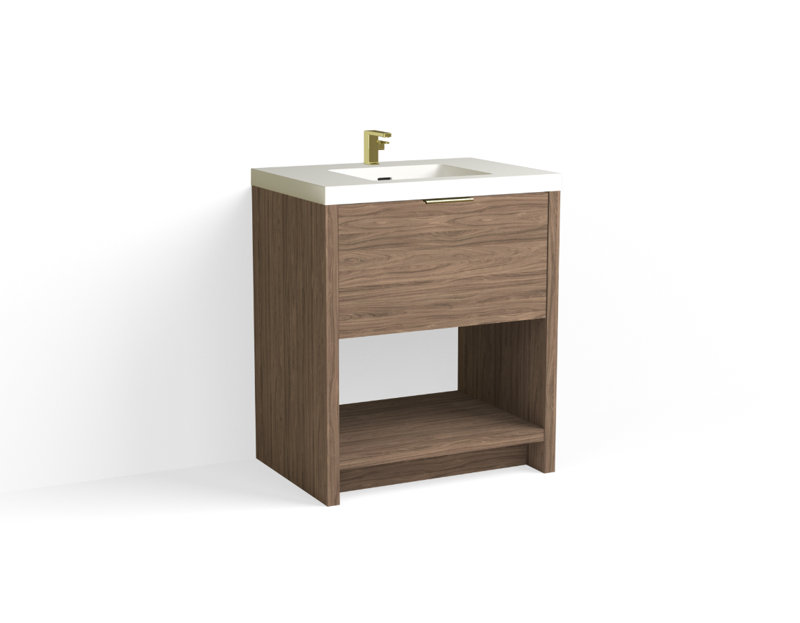 Vista 30" W Freestanding Single Bathroom Vanity, Nocino/Satin Brass, Single-Hole, White Matte