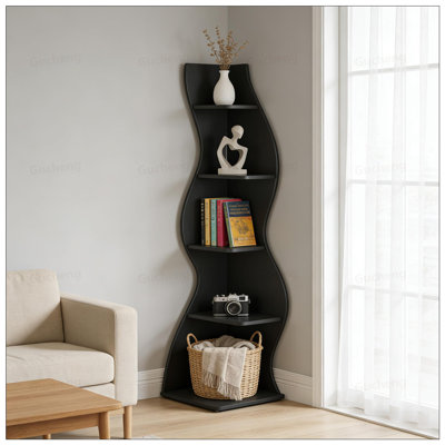 Bibliothèque d'angle rétro à 5 niveaux, solution de rangement compacte et élégante pour la maison et le bureau