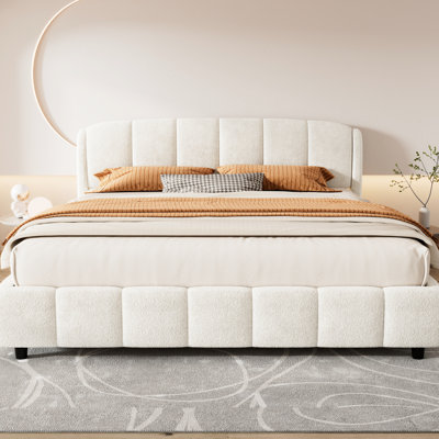 Lit pour lit très grand Soft Boucle, beige, tête de lit incurvée, profondeur de lit de 79,88 po, plateforme confortable en tissu pour chambre à coucher, idéale pour les chambres à coucher modernes ou classiques, profondeur du produit