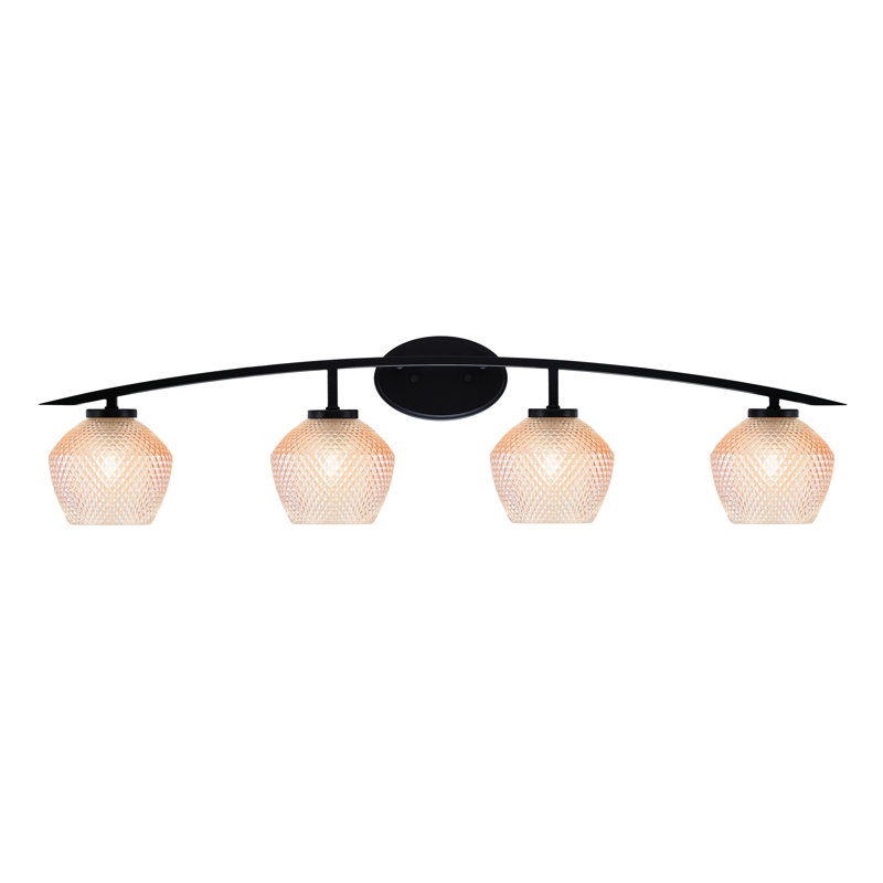 Barre d'éclairage de salle de bain 4 lumières Pemberton au fini noir mat avec verre texturé ambre de 6 po