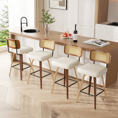 Stylish Swivel Counter Stool With Soft Upholstered Rattan Back