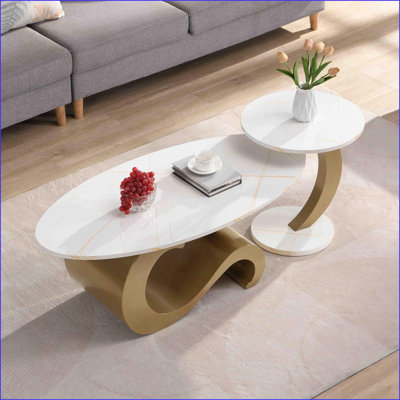 Nesting Coffee Table Set of 2 for Living Room - Oval &amp; Round, Faux Marble Top with Golden Metal Frame, Space-Saving &amp; Easy Assembly