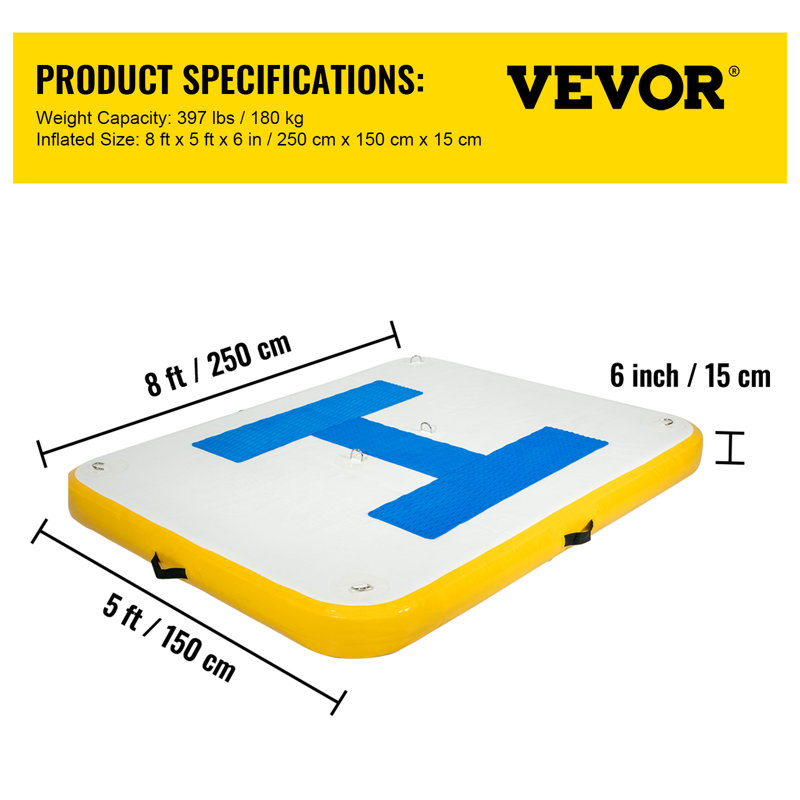 VEVOR Inflatable Floating Dock 8 X 5 Ft, Inflatable Dock Platform With Electric Air Pump, Inflatable Swim Platform 6 Inch Thick, Floating Dock 4-6 People, For Pool Beach Ocean