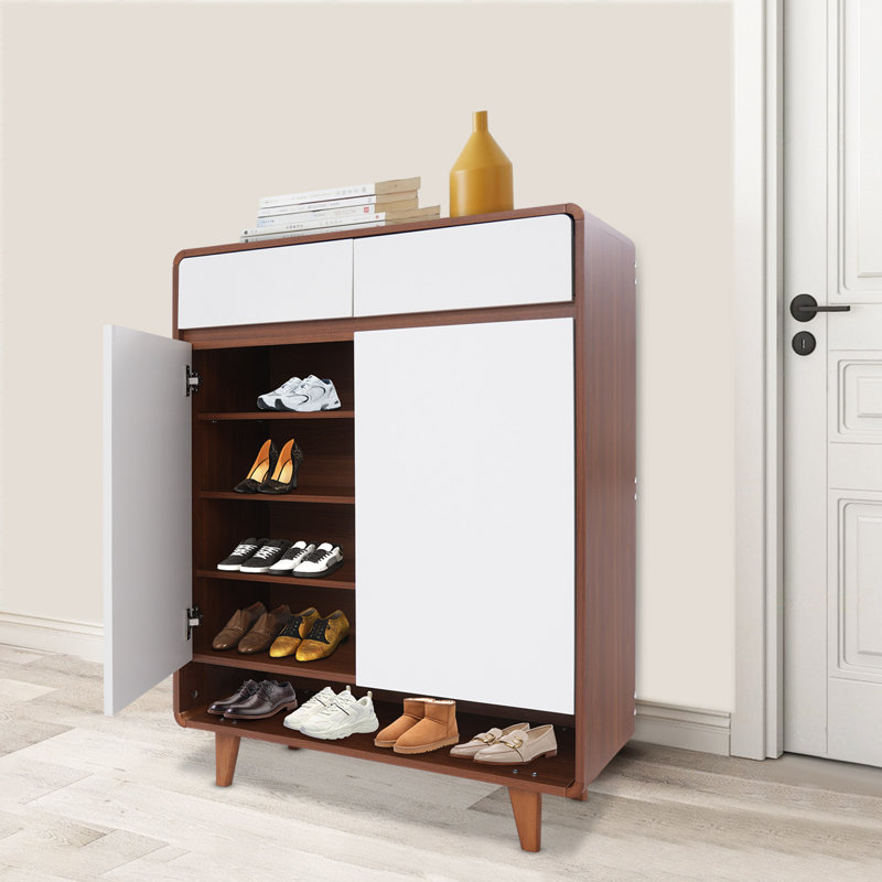 5 Tiers Freestanding Shoe Storage Cabinet With 2 Drawers, White Wood