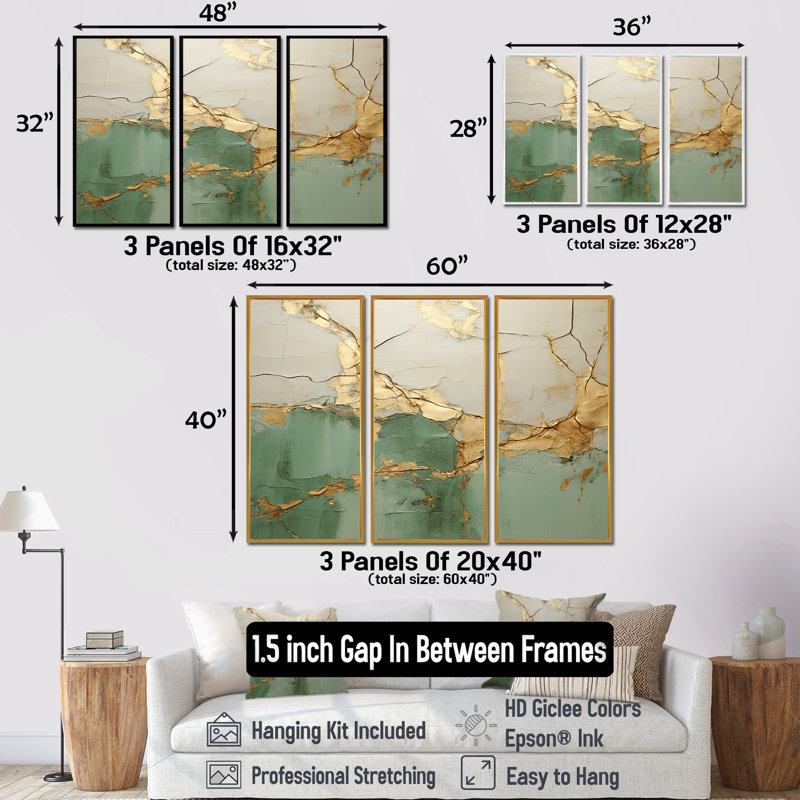 «Green Gold Minimalisme Poteries», ensemble d'art sur toile à spirales abstraites, H 32 po x l 48 po, Cadre flottant noir