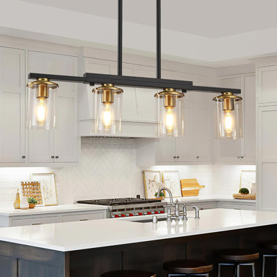 Lustre de ferme moderne avec abat-jour en verre transparent, éclairage pour îlot de cuisine, hauteur réglable, luminaire suspendu en métal noir et doré