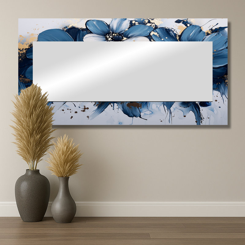 Abstract Aqua Midnight Sunflowers Beauty II - Floral Wall Mirror Art - Printed On Metal, 28" x 55"