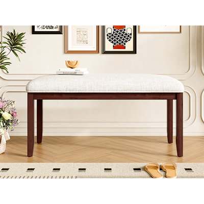 Banc rembourré de 38 pouces de style Mid-Century avec siège en lin beige et pieds en bois d'hévéa massif pour le couloir, la salle à manger, la chambre à coucher et le couloir