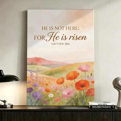 Tableau chrétien sur toile aquarelle « Il est ressuscité », citation de Pâques, 61 x 91 cm, impression sur châssis, bleu doux, décoration murale avec citation religieuse pour salle de prière, salon et entrée.