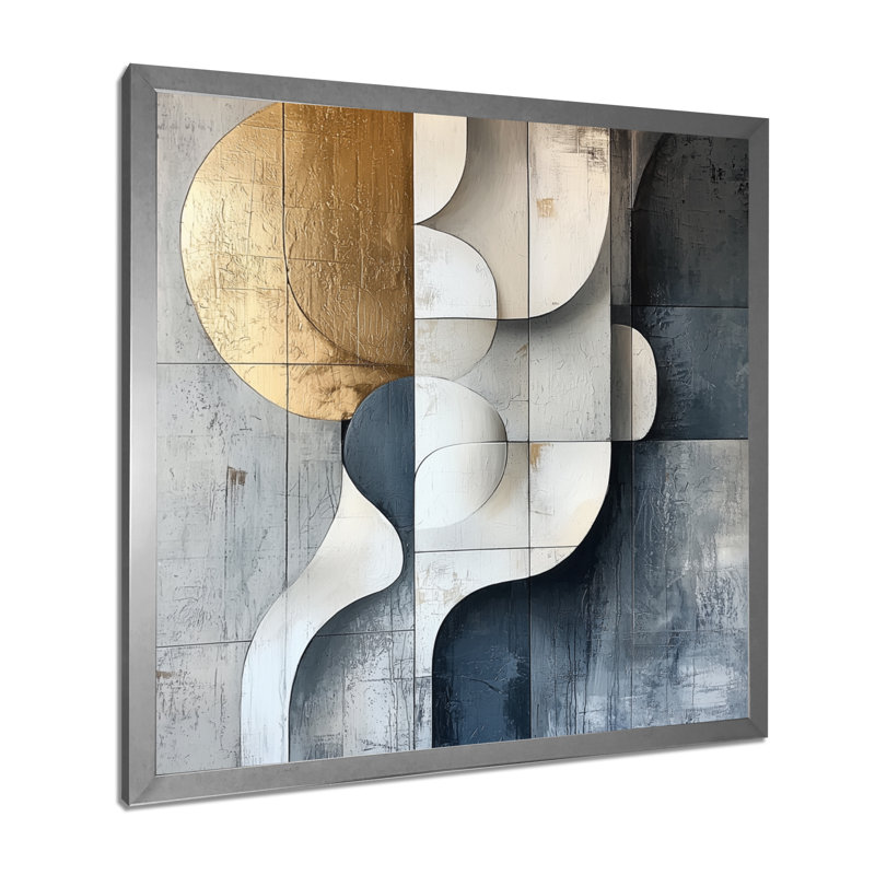 Motif géométrique abstrait doré et gris de forme ontine d'Ontine, H 36 po x l 36 po, Reproduction encadrée d'une seule photo
