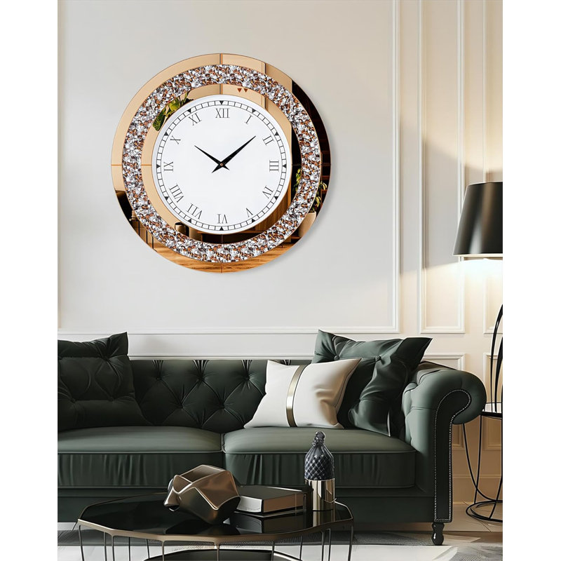 Horloge murale de luxe en diamant écrasé de style art déco avec cadre de miroir biseauté et chiffres romains, horloge de miroir ronde décorative moderne pour la décoration intérieure