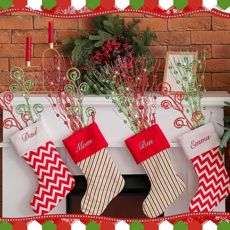 36 pièces d'arbre de Noël rouge et vert, branches et jets - Fleurs artificielles scintillantes de 17 po et 12 po, tiges de baies et branches pour décoration d'arbre de Noël, de couronne et de vase