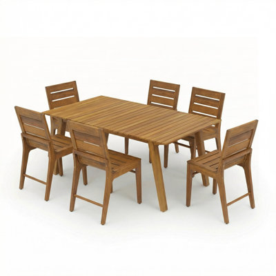Ensemble repas d'extérieur 7 pièces avec table en bois massif de 69 pouces et 6 chaises ergonomiques en acacia, résistant aux intempéries pour le jardin, le patio et la cour