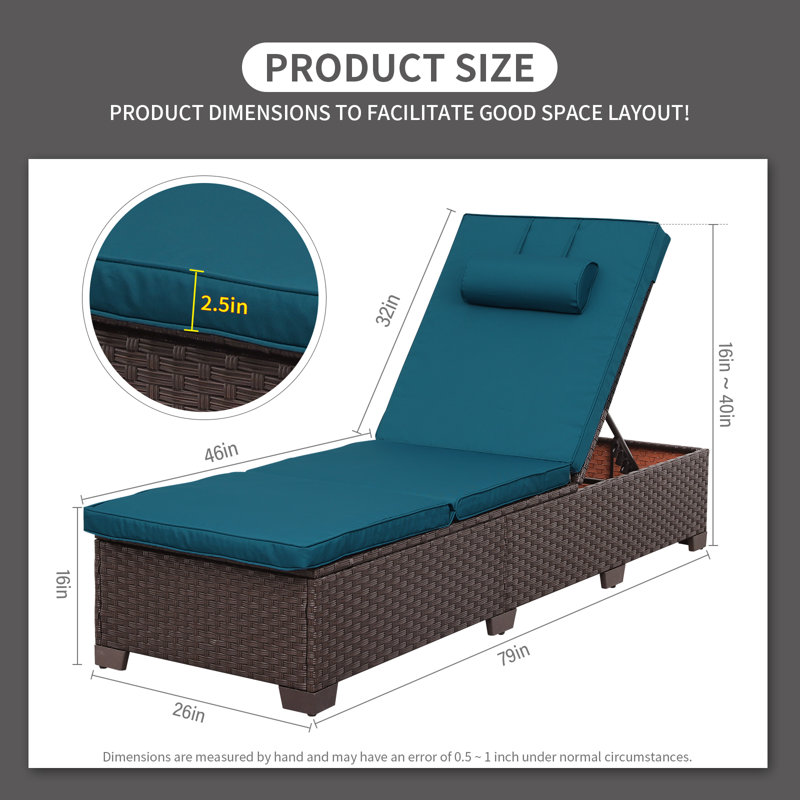 Wicker Outdoor Chaise Lounge 26" W x 79" D with Cushion and Headrest, Peacock Blue