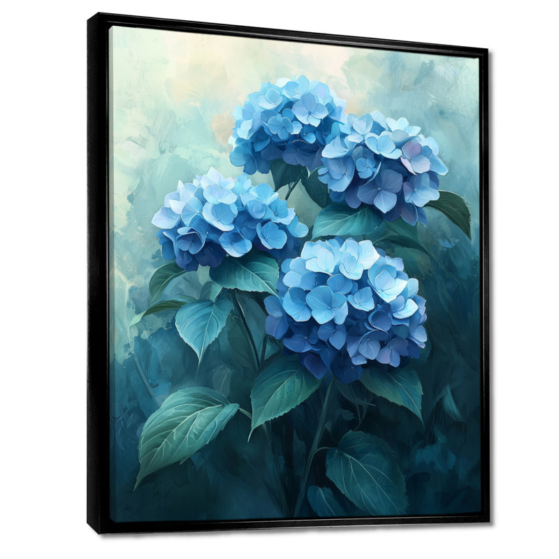 Hydrangea Blossom Harmony I - Art mural d'hortensia pour le salon, H 20 po x l 12 po, Reproduction avec cadre flottant, Noir