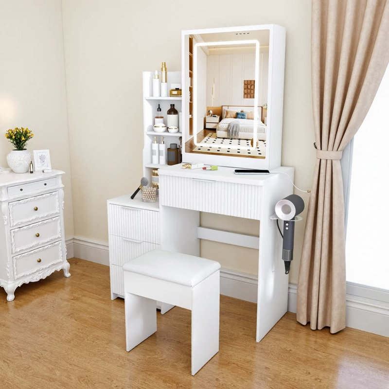 Meuble-lavabo moderne 31,5 po avec éclairage DEL et prise de courant | 4 tiroirs et plusieurs tablettes ouvertes, support pour sèche-cheveux, fauteuil inclus | Luminosité réglable, 3 modes de couleur