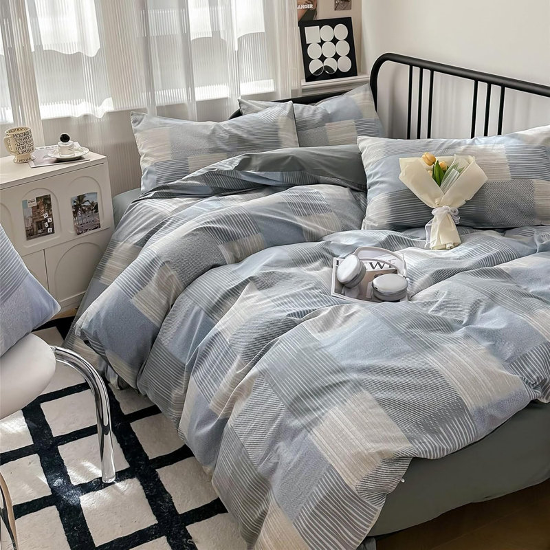 Microfiber Comforter Set, Blue Plaid, King Comforter + 2 KIng Shams