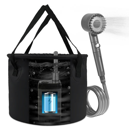 Douche portative pour camping avec pompe à douche IPX7 imperméable et rechargeable de 6000 mAh, pomme de douche filtrée, seau pliable 5,3 gallons pour la plage