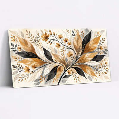 Tableau abstrait sur toile avec feuilles dorées et noires et petites fleurs