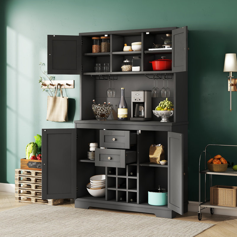 Armoire de cuisine avec rangement Coffee Bar, Noir, Argent argent