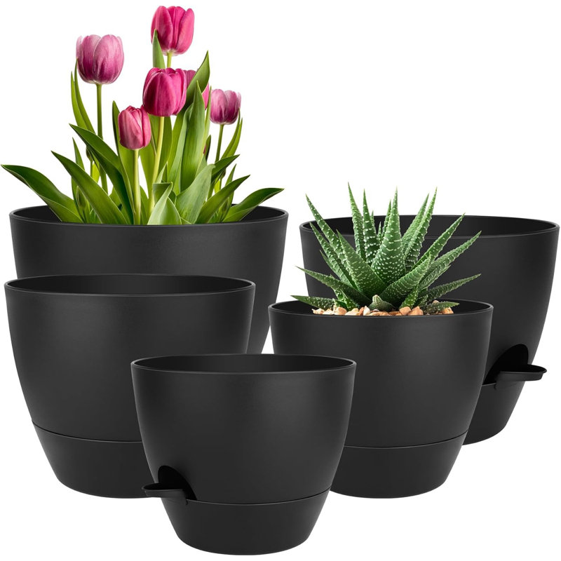 Set Of 5 Black Self-watering Plastic Planters With Saucers