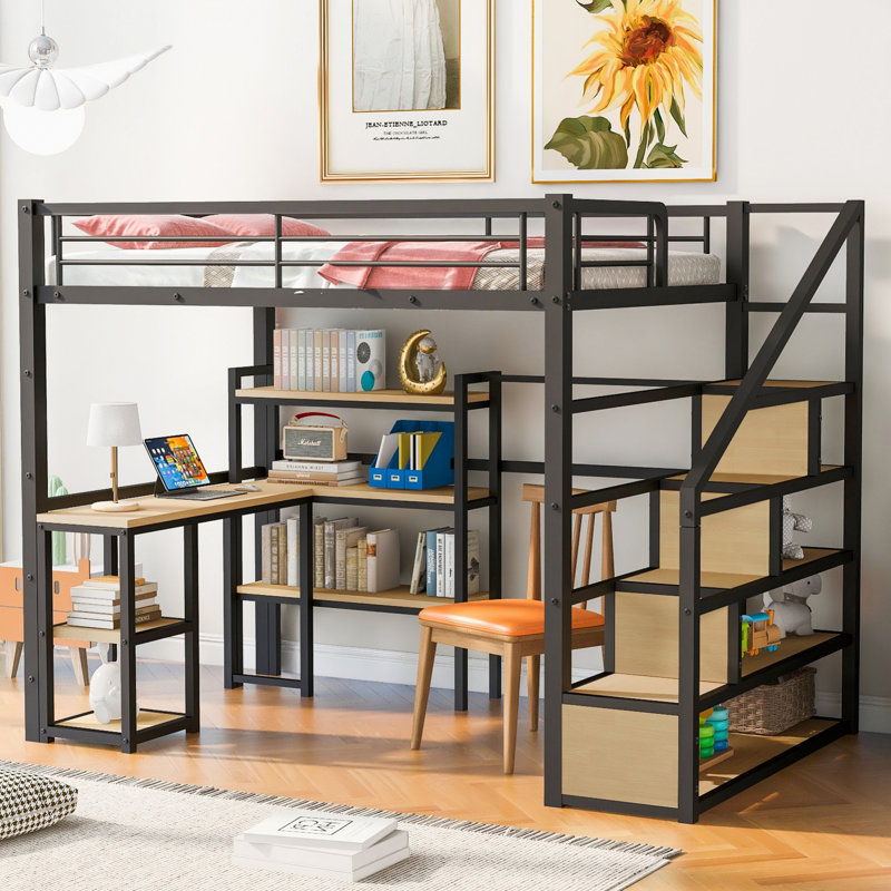 Lit mezzanine en métal avec escalier, bureau intégré et tablettes