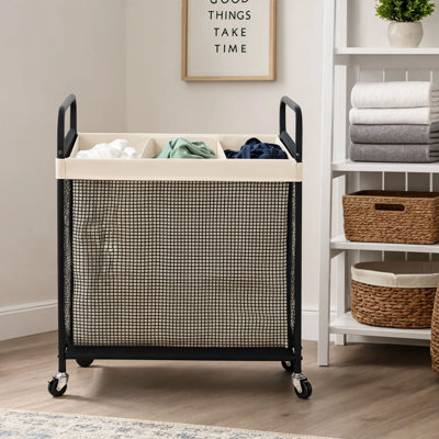 Panier à linge sur roulettes 3 sections avec doublure lavable et roulettes