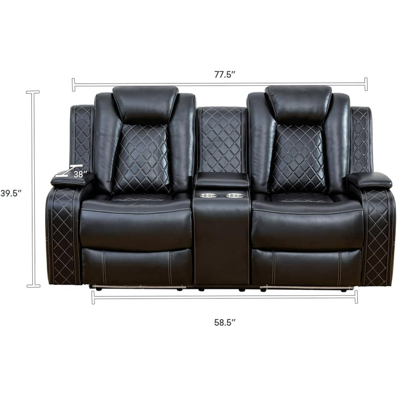 Fauteuil inclinable électrique 73,5 po avec console centrale et causeuse avec éclairage DEL, Noir