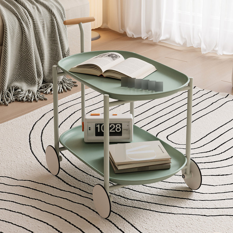 Chariot de rangement Moon pour le salon et la cuisine, chariot mobile nordique avec tablette double couche, structure en forme de T, 0 odeur, petit îlot, chariot de cuisine de forme rectangulaire, espace de tablette de style,