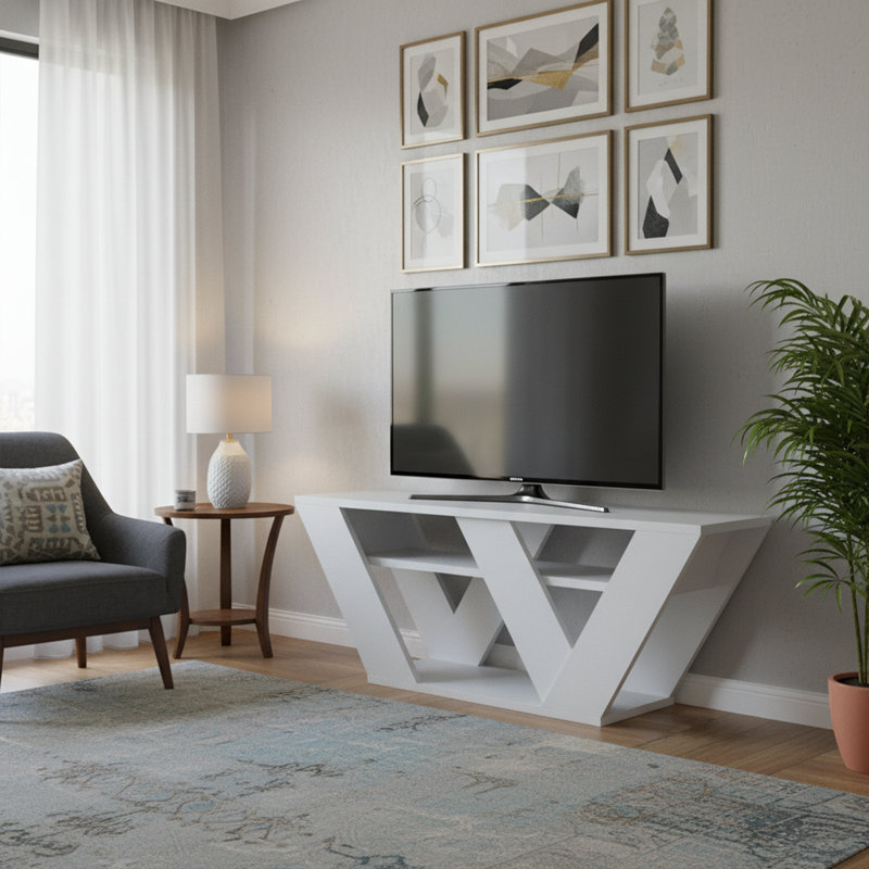 Meuble télé double V minimaliste pour téléviseur de 49 po ou moins, Porcelaine