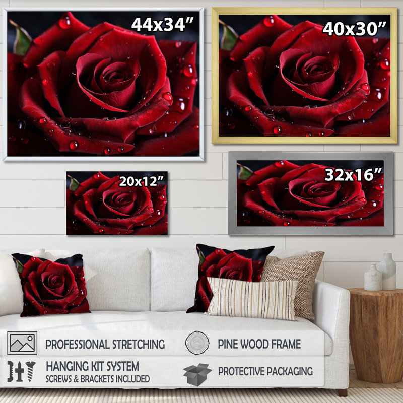 Red Rose with Raindrops I - Floral Framed Wall Art, Wrapped Canvas, 34" H x 44" W x 1.5" D