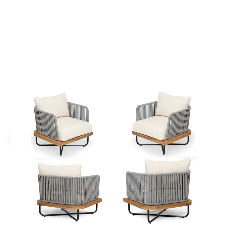 Dominic Outdoor Acacia Wood Rope Woven Club Chairs , Gray, Cream
