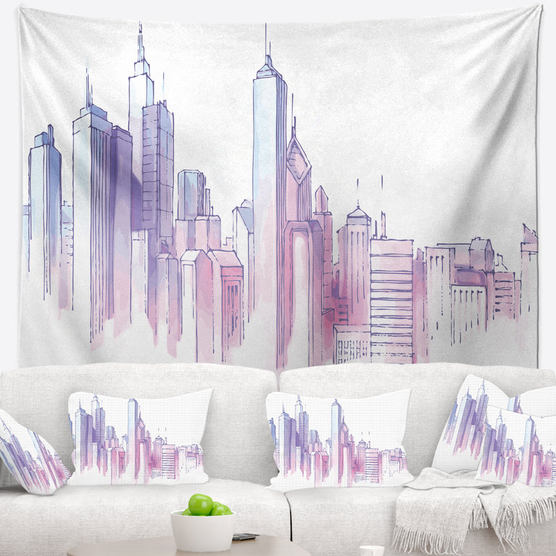 Tapisserie de paysage urbain violet city skyline, H 32 po x l 39 po