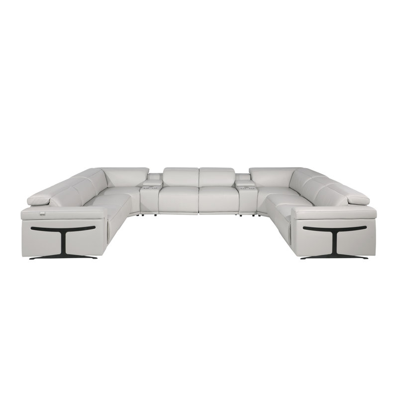 Stanwinn 10 – Piece 4 Power Reclining Top Grain Italian Leather Sectional with Power Headrest, Gray Genuine Leather
