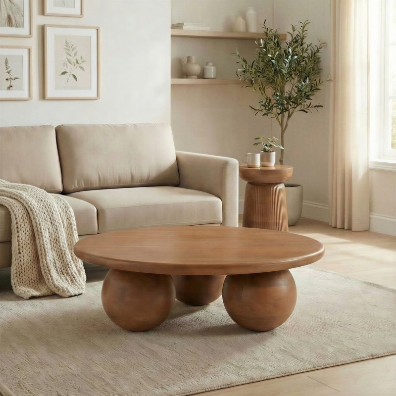 Olympa Circular Mango Wooden Coffee Table - Statement Sculptural Spherical Feet, Walnut