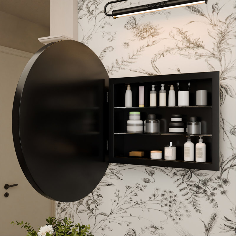 Armoire à pharmacie ronde 23,6 pouces avec cadre en métal avec miroir et tablettes ajustables, Noir