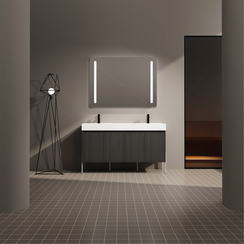 Meuble-lavabo autoportant de 60 po avec double lavabo en résine, armoire de rangement avec portes à fermeture douce