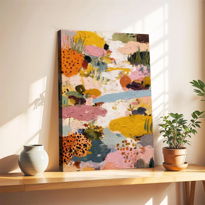 Peinture à l'huile abstraite et colorée, style paysage en impasto, grand format, sur toile tendue sur châssis, idéale pour le salon ou la chambre.