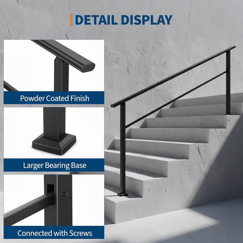 Ensemble de 2 rampes d'escalier en aluminium noir à 2 ou 6 marches avec poteaux en fer, rampe de sécurité conforme ADA pour porche et entrée