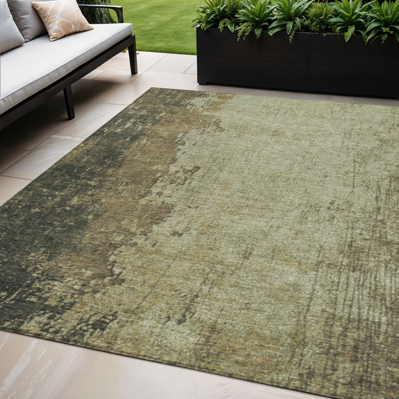 Tapis intérieur/extérieur lavable, abstrait, vert olive et brun, 152 x 244 cm