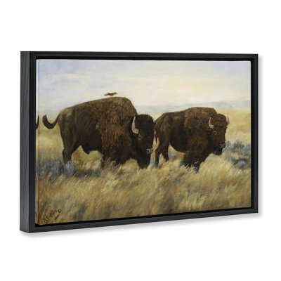 Duo de bisons avec oiseau perché, art mural encadré par Kathy Winkler