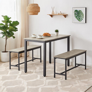 Black Industrial Bar Table Set with 2 Benches, 43.3 Inch Breakfast Dining Table for Kitchen Living Room