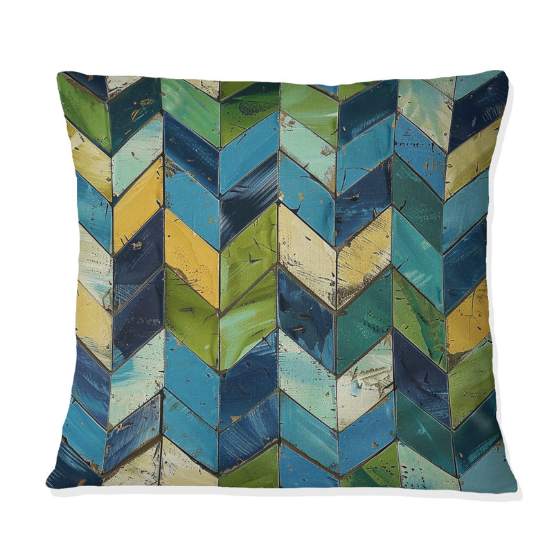 Coussin décoratif bleu à motif de chevrons bleu et vert III, 18" x 18"
