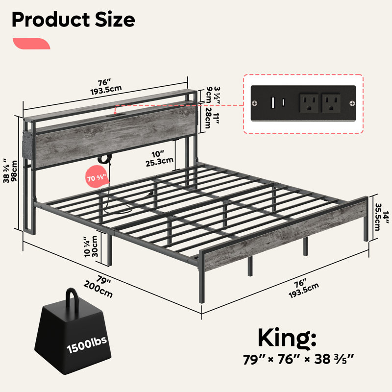 Annice Bed Frame with LED Light and Charging Station,Metal Platform with Power Outlets,Noiseless,No Spring Box Needed, Gray