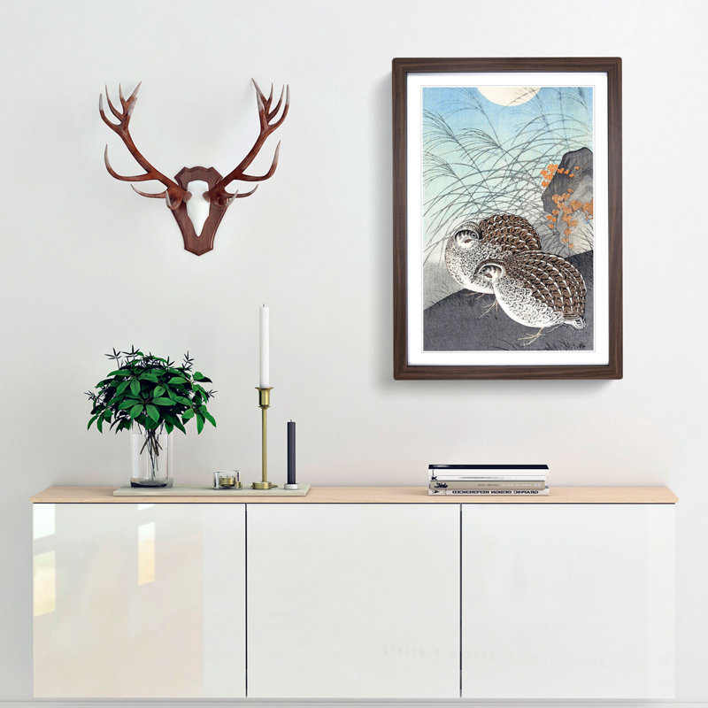 Two Quails by Ohara Koson - Picture Frame Painting Print, 65cm H x 48cm W x 2cm D, Walnut Framed