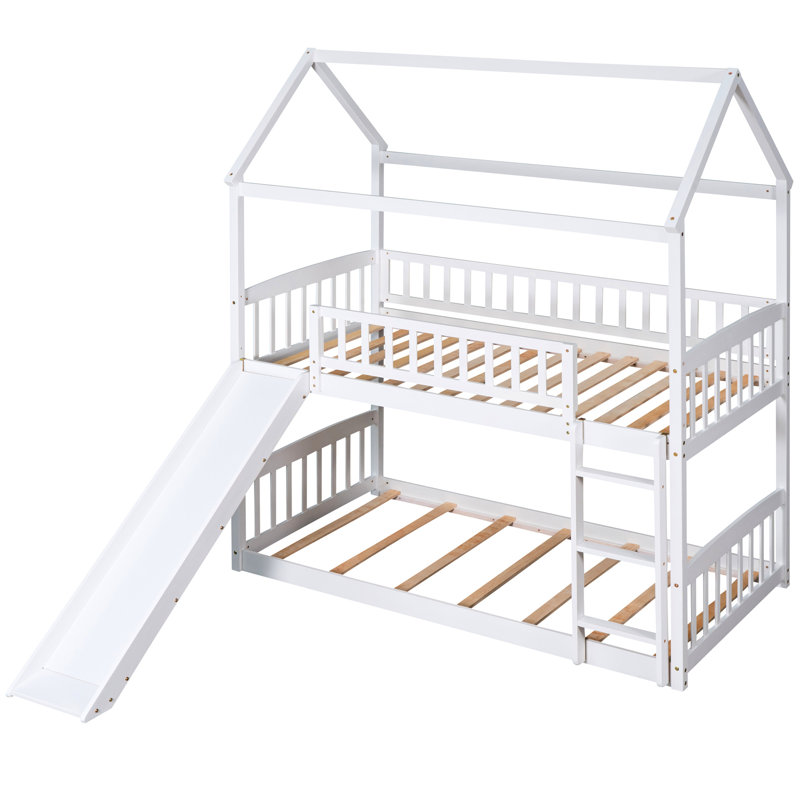 Lit simple au-dessus d'un lit superposé avec glissade, lit maison, structure solide et stable, lattes supérieures, espace inférieur - efficace, assemblage de 45 minutes, convient pour une installation à deux côtés blanc, «pièce», limite de poids de 300 lb