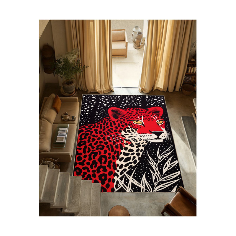 Tapis noir et rouge à motif léopard abstrait et lavable de la collection Waso