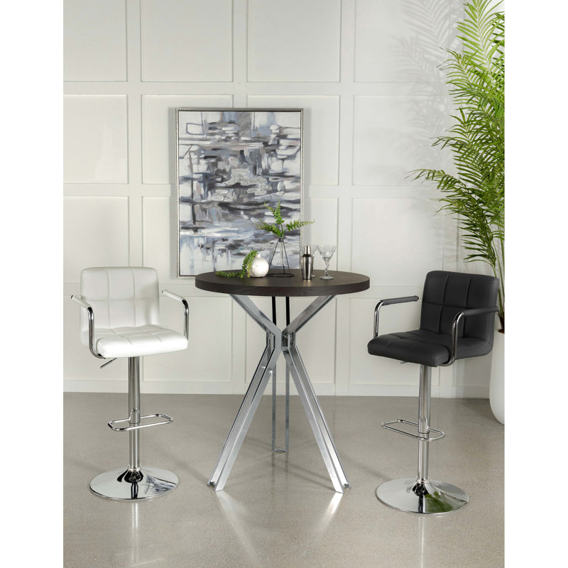 Table de bar ronde de style bistro, hauteur pub, 89 cm (35 pouces), en chêne foncé, avec pied central et pieds en métal au design contemporain. 2 places assises.