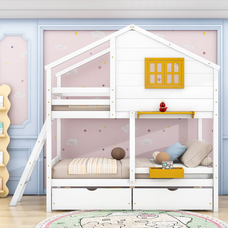 Lit superposé simple en bois en forme de maison avec tiroirs de rangement et fenêtre, Blanc