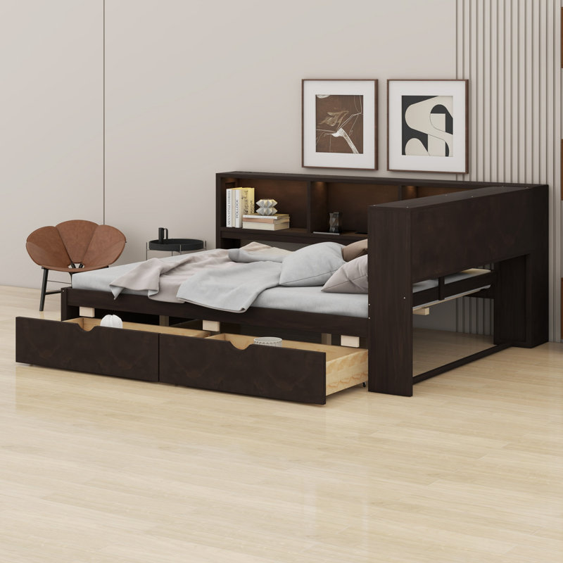 Structure de lit de jour contemporaine en bois avec éclairage DEL, chargeurs USB et tiroirs de rangement, Brown